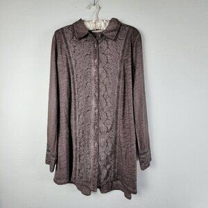 Soft Surroundings Women Large Brown Embroidered Lace Long Sleeve Button Up Shirt